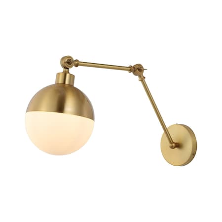 Jonathan Y Alba 8" 1-Light Modern Industrial Adjustable Swing Arm Metal Frosted Glass Globe LED Sconce, Brass Go JYL9931A