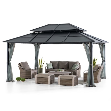 Sunjoy 12 ft. x 16 ft. Black and Grey Steel Gazebo with 2-tier Hip Roof Hardtop A102009141