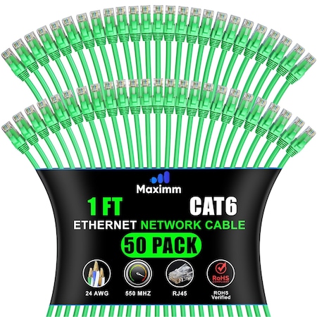 Maximm Cat6 Ethernet Cable 1ft 10Gbps 550MHz UTP, 50PK, Green, 50PK CAT6CCA-1GN-50PK