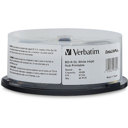 Verbatim BD-R DL 50GB 8X DataLifePlus White Inkjet Printable, Hub Printable - 25pk Spindle 97334