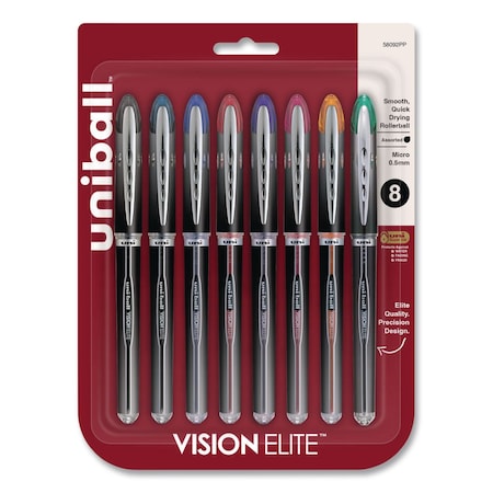 Uni-Ball ELITE Stick Roller Ball Pen, Micro 0.5mm, Astd Ink, Blk Barrel, PK8 58092PP