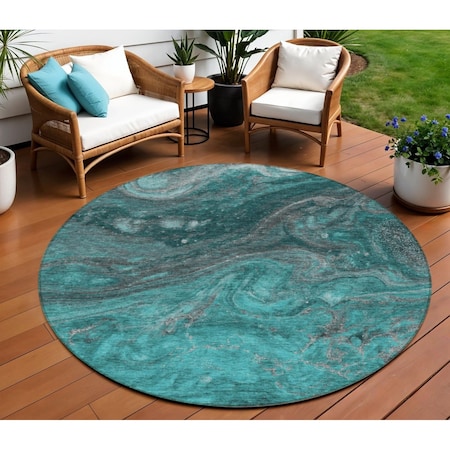 Homeroots 8' Teal Blue Aqua And Gray Round Abstract Washable Indoor Outdoor Area Rug 577843