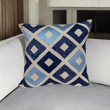 Homeroots 18" Beige and Blue Diamond Cotton Throw Pillow With Embroidery 529266