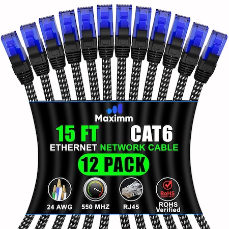 Maximm 15ft Braided Cat6 Ethernet Cable, 12PK, Black, 12PK CAT6BRD-12PK-BK-15FT