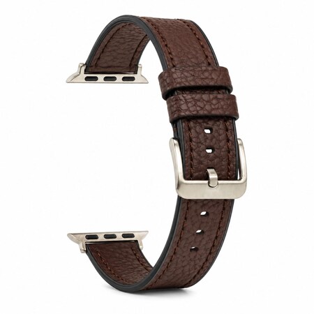 Elegani Hybrid Leather Rubber Band Compatible with Apple Watch 45mm, Dark Brown, Silver Buckle QRALGM-DBRN-45