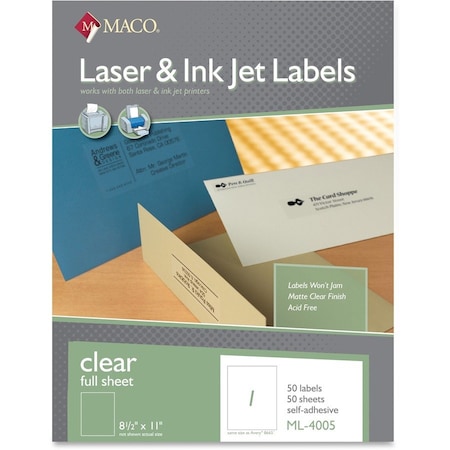 Maco Tag & Label Maco Matte Clear Laser Labels, 8-1/2 x 11, 50/Box ML4005