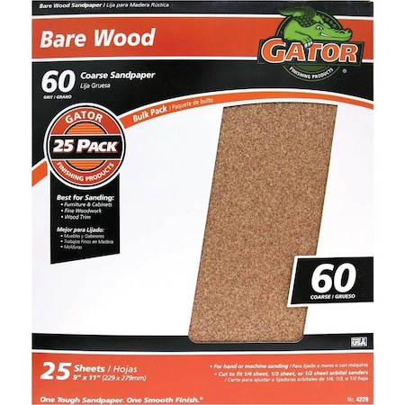 Gator Blade Bare Wood 9''x11'' 60 Grit Coarse Sandpaper, 25PK 4229