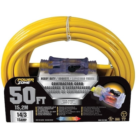 Powerzone Extension Cord, 14 AWG, Indoor/Outdoor, Yellow, 50 ft ORP511730