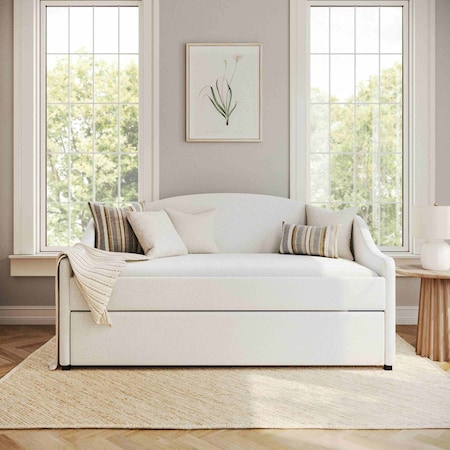 Martha Stewart Anya Twin Upholstered Platform Daybed with Pull Out Trundle, Cushioned Headboard, Footboard XH-8548-DBT-WH-MS
