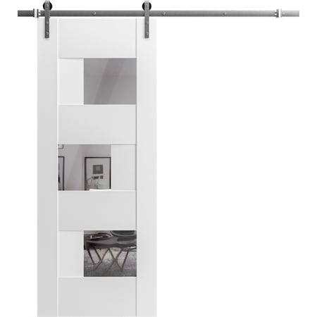 Vdomdoors Modern Barn Door Opaque Glass Sete 6999 White Silk with Mirror 6.6FT Rail Track Heavy Hardware Set SETE6999BD-S-WS-28