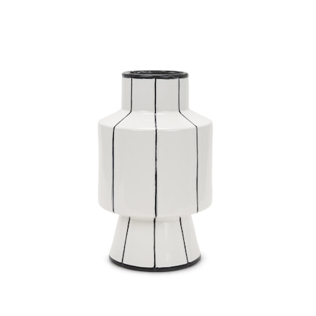 Homeroots 13" White And Black Striped Ceramic Cylinder Table Vase 608358