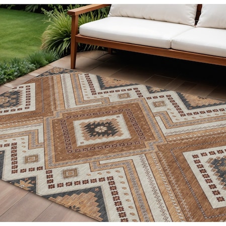 Homeroots 9' X 12' Copper Brown And Beige Tribal Washable Indoor Outdoor Area Rug 598110