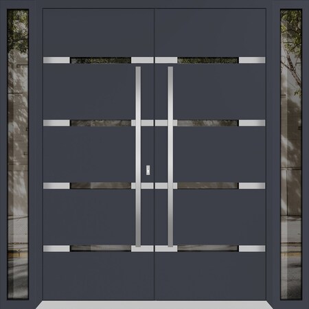Vdomdoors Metal Double Doors Deux 1105 Gray Graphite Mirrored Glass 2 Sidelights Entry Modern Painted 96x80 ( DEUX1105DEXD-GRE-W12+72+12xH80-RH-I