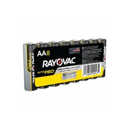 Rayovac Ultra Pro, Alkaline Battery, 1.5V, AA, Shrink Pack, 8/PK, 8PK 620-ALAA-8J