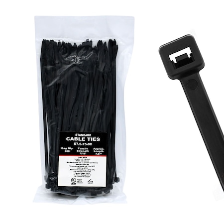 Cable Ties Unlimited Cable Tie, 7.5 in L, 75 lb Strength, 1.8 in Max Bundle Dia, Nylon 6/6, UV Resistant, Black, 100PK S7.5-75-0C