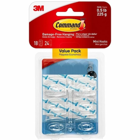Command Adhesive Hook, 05 lb, 18Hook, Plastic, Clear 17006CLR-VP
