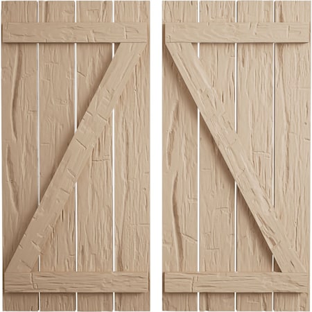 Ekena Millwork Rustic Four Board Spaced Board-n-Batten Hand Hewn Faux Wood Shutters w/Z-Board, 23 1/2W x 72H, PR SHUBSZ23X72HHPR