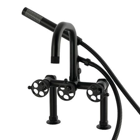 Kingston Brass 7" Center Deck-Mount Clawfoot Tub Faucet with Knurled Handle and Hand Shower, Matte Black AE6000RKX