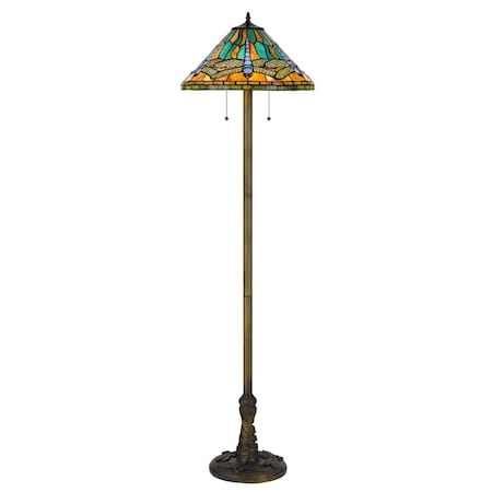 Homeroots 63" Brass 2-Light Traditional Floor Lamp, Blue and Orange Dragonfly Tiffany Glass Empire Shade 526321