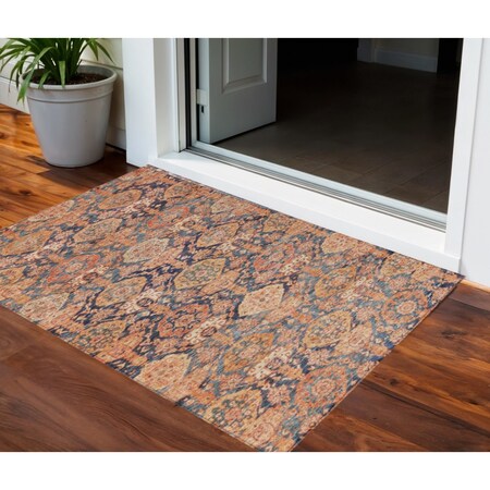 Homeroots 3' X 5' Terra Cotta And Charcoal Damask Washable Indoor Outdoor Area Rug 603389