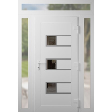 Vdomdoors Front Exterior Prehung Metal-Plastic Door, Manux 8933 White Silk, 2 Side and Top Sidelite Transom, MANUX8933EXD-WS-W14+32+14xH80+14-LH