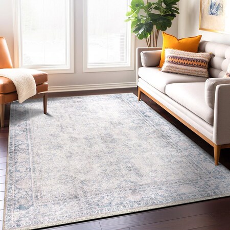 World Rug Gallery Transitional Distressed Vintage Machine Washable Area Rug 5 ft x 7 ft Blue 6036BLUE5X7