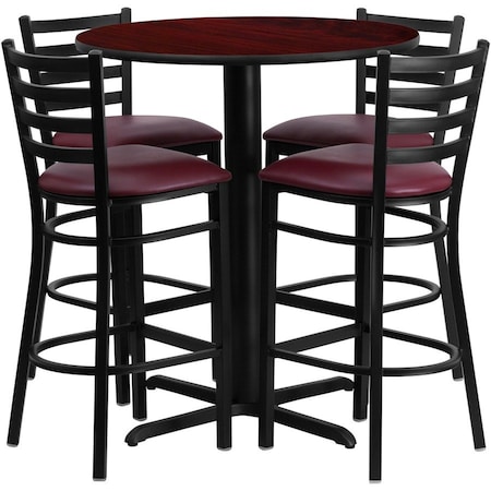 Flash Furniture Round Mahgny Bar Table, X-Base w/Burg Seats, 30", 30" L, 30" W, 42" H, Laminate Top, Wood Grain HDBF1026-GG