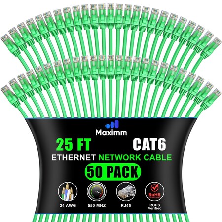Maximm Cat6 Ethernet Cable 25ft 10Gbps 550MHz UTP, 50PK, Green, 50PK CAT6CCA-25GN-50PK