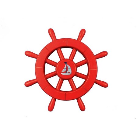 Handcrafted Decor Red Decorative Ship Wheel with Sailboat- 12 in. New-Red-SW-12-Sailboat