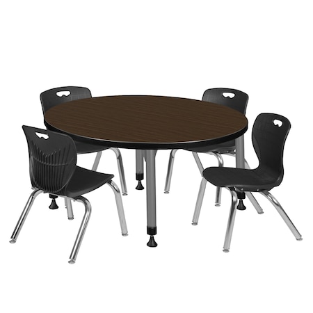 Regency Round Kee Adjustable Classroom Table W/ 4 Andy Stack Chairs, 36 in W, 36 in L, Neo Walnut TB36RNDNWAPGY45BK