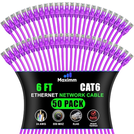 Maximm Cat6 Ethernet Cable 6ft 10Gbps 550MHz UTP, 50PK, Purple, 50PK CAT6CCA-6PU-50PK
