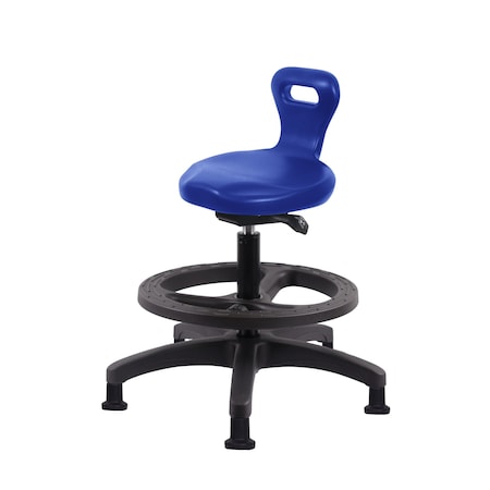 Blue Ridge Ergonomics Poly Serpent Sit-Stand Stool-Medium Bench Ht with Black Foot Ring & Stationary Glides in Blue Poly PSPMBSO-RG-BF-RG-BLU