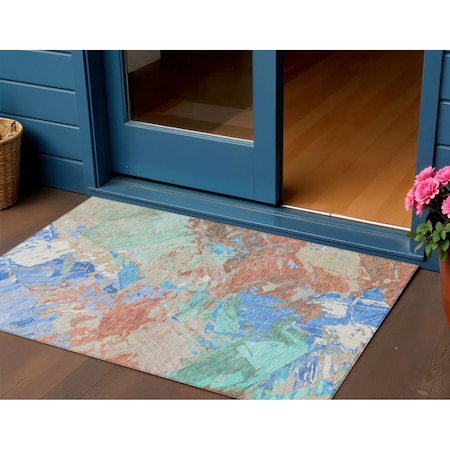 Homeroots 3' X 5' Coral Teal Blue And Mint Green Abstract Washable Indoor Outdoor Area Rug 618538