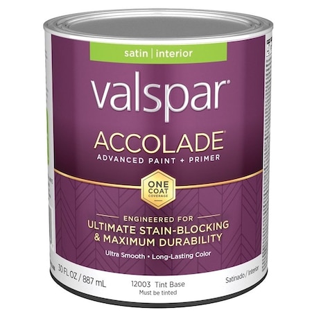 Valspar Accolade 1200 Latex Paint, Acrylic Base, Satin, Tint Base, 1 qt, Plastic Can 028.0012003.005