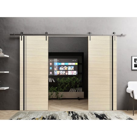 Sartodoors Sliding Double Barn Doors with Hardware, Planum 0011 Natural Veneer and Aluminum Strips, Silver 13F PLANUM0011DB-S-SHP-36