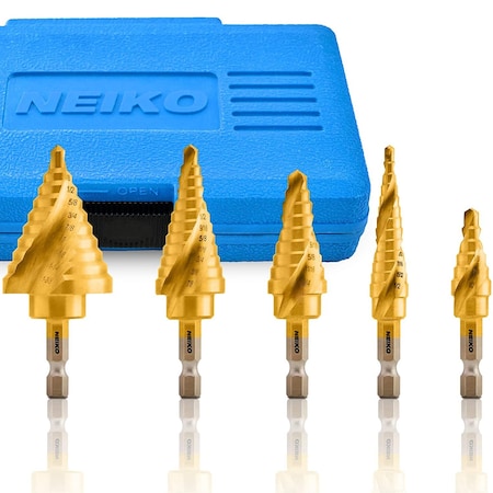 Neiko Step Drill Bit Set for Metal, 5 Piece SAE, Spiral Grooved, Step Bits with 50 Total Step Sizes 10173A