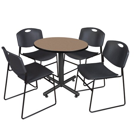 Regency Round Kobe Breakroom Table W/ 4 Zeng Stack Chairs, 30 in W, 30 in L, Noble Oak TKB30RNDNO44BK