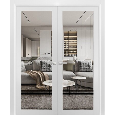 Sartodoors Solid French Double Doors, Lucia 2666 White Silk with Clear Glass and Aluminum Strips, Wood Solid LUCIA2666DD-WS-36 x 80 (2* 18x80)
