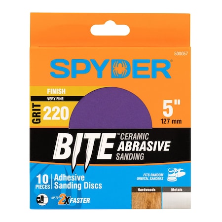 Spyder 5-Inch x No Hole 220 Grit Ceramic Pressure Sensitive Adhesive with Stearate Sanding Discs, 10PK 500057
