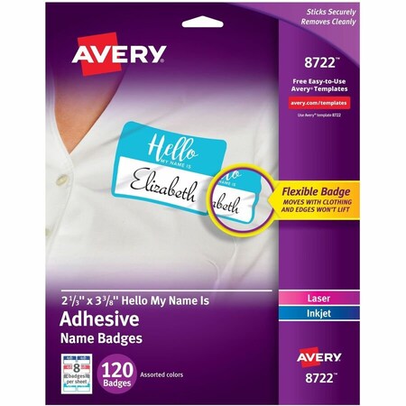 Avery Dennison Avery, FLEXIBLE ADHESIVE NAME BADGE LABELS, inHELLOin, 3 3/8 X 2 1/3, ASSORTED, 120PK 8722