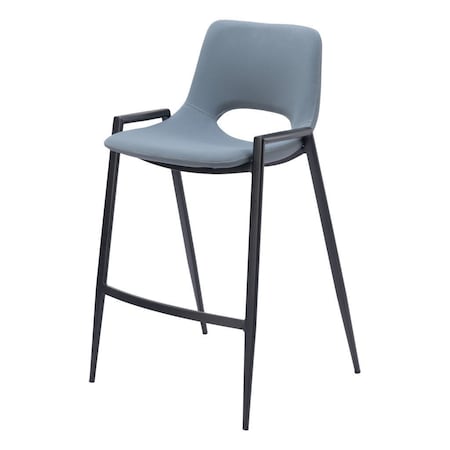 Homeroots Set of Two 26" Blue And Black Faux Leather And Steel Low Back Counter Height Bar Chairs 555669