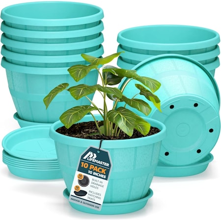 Lifemaster 10-Inch Whiskey Barrel Planters, Durable Plastic Pots with Drainage and Saucer, 10PK LMPBP10SBU10