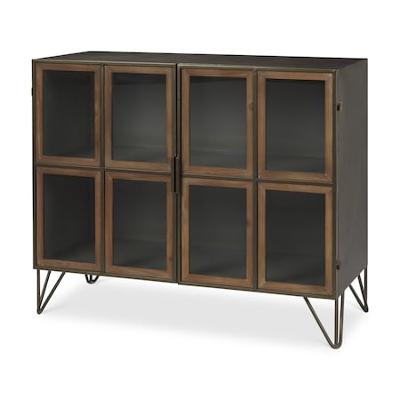 Homeroots 37in Antiqued Brass and Brown Metal and Solid Wood Accent Cabinet With Two Doors 611063