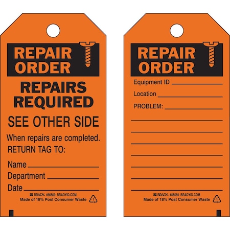 Brady Repair Tag REPAIR ORDER Paper 5.75 x 3  Black on Orange 100/PK, 100PK 86679