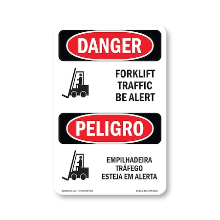 Safety Sign, OSHA Danger, 14" Height, Aluminum, Forklift Traffic Bilingual, A-1014-VPR-1265