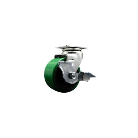 Service Caster 4 Inch Green Poly on Cast Iron Swivel Caster with Ball Bearing and Brake SCC SCC-20S420-PUB-GB-TLB