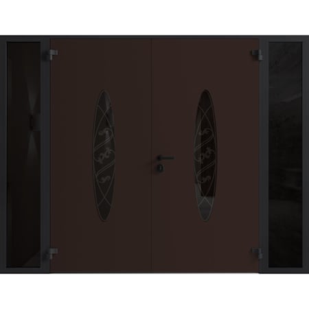 Vdomdoors Front Exterior Prehung Aluminum Double Doors Ronex1277 Brown 2 Sidelights Mirrored Clear Glass RONEX1277DEXD-BRW-W12+72+12xH80-RH-O