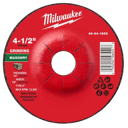 Milwaukee Tool Grinding Wheel, 7/8" Sz, 4 1/2" dia. 49-94-1955