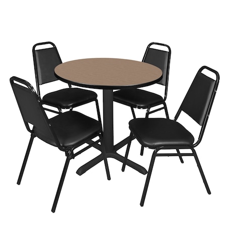 Regency Round Cain Breakroom Table W/ 4 Restaurant Stack Chairs, 30 in W, 30 in L, Noble Oak TB30RNDNO29BK