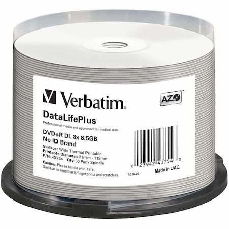 Verbatim DVD+R DL 8.5GB 8X DataLifePlus White Thermal Printable, Hub Printable - 50pk Spindle 43754